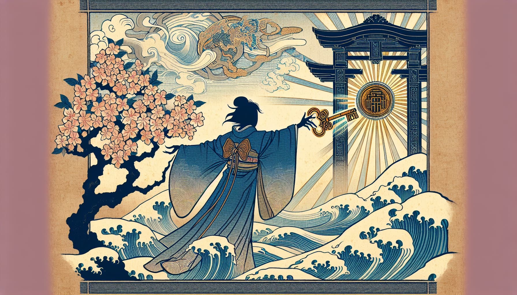 Ukiyo-e style illustration of a traveler receiving a scroll at a shrine gate, representing wallet setup