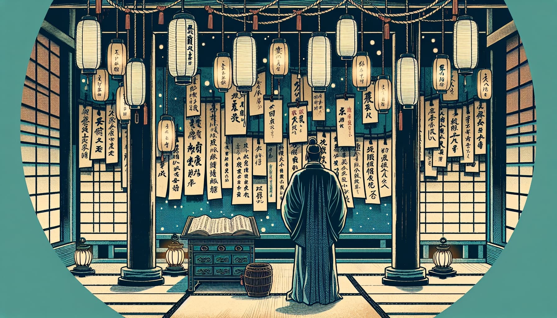 Ukiyo-e style illustration of merchants examining scrolls at a bustling market, representing browsing prediction markets