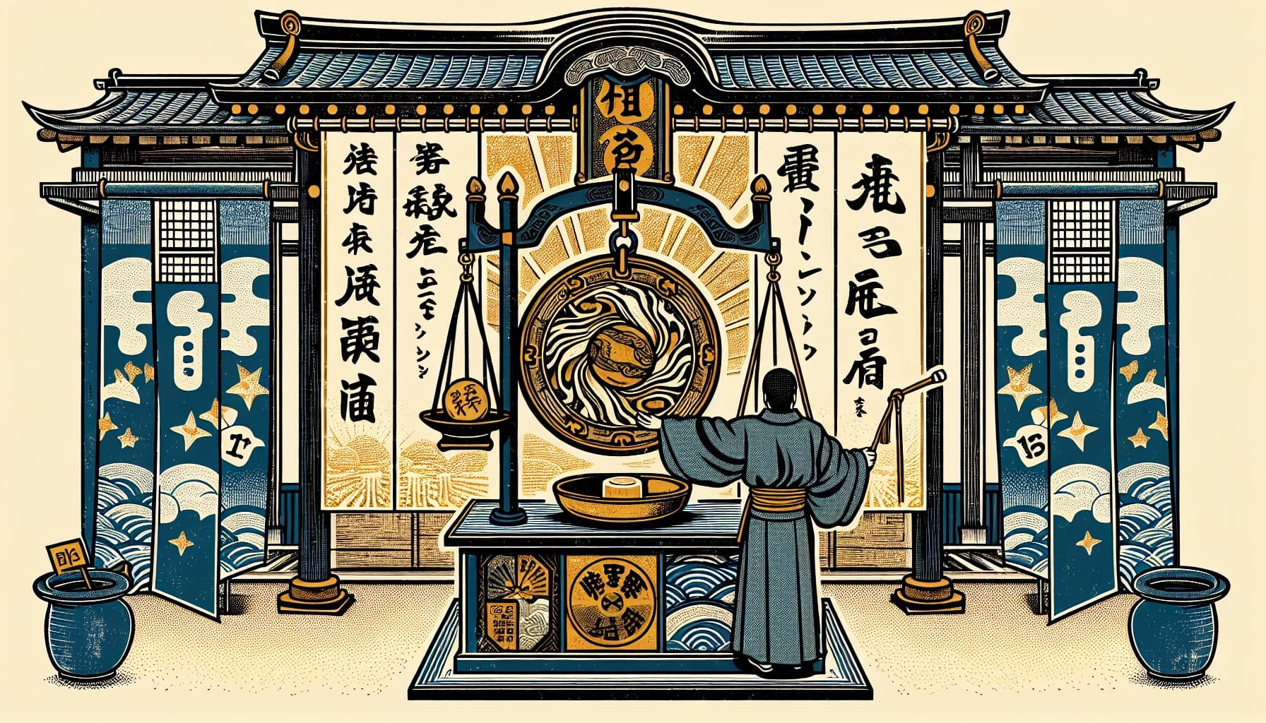 Ukiyo-e style illustration of a sage placing stones on a strategy board, representing placing a prediction
