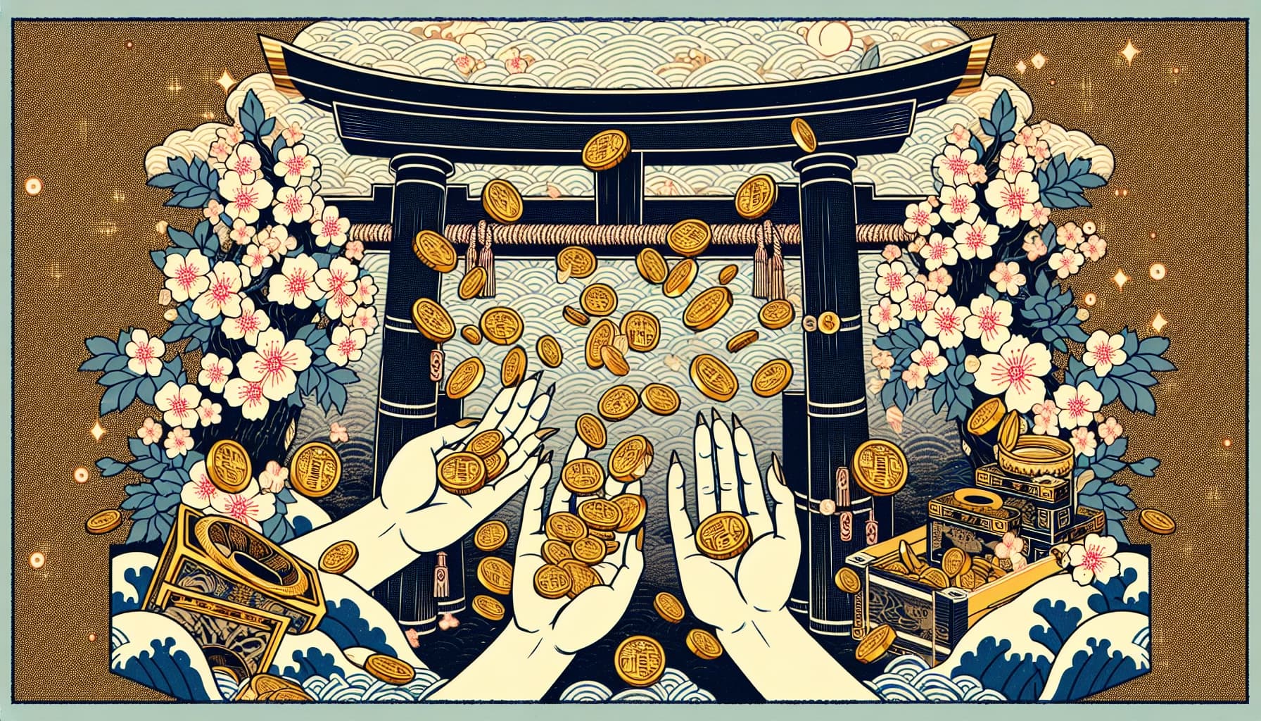 Ukiyo-e style illustration of a triumphant figure collecting golden coins, representing collecting winnings